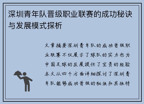 深圳青年队晋级职业联赛的成功秘诀与发展模式探析