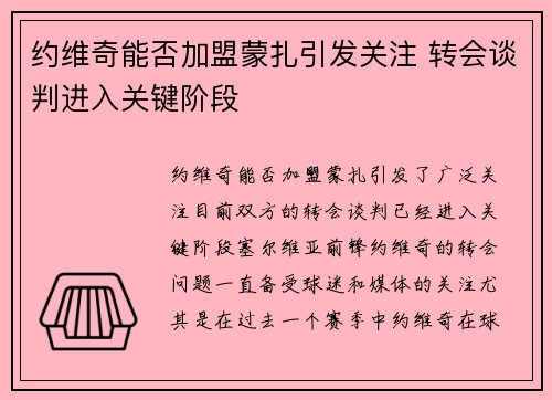 约维奇能否加盟蒙扎引发关注 转会谈判进入关键阶段