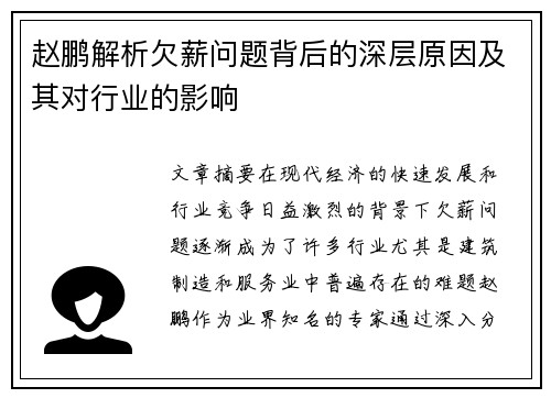 赵鹏解析欠薪问题背后的深层原因及其对行业的影响
